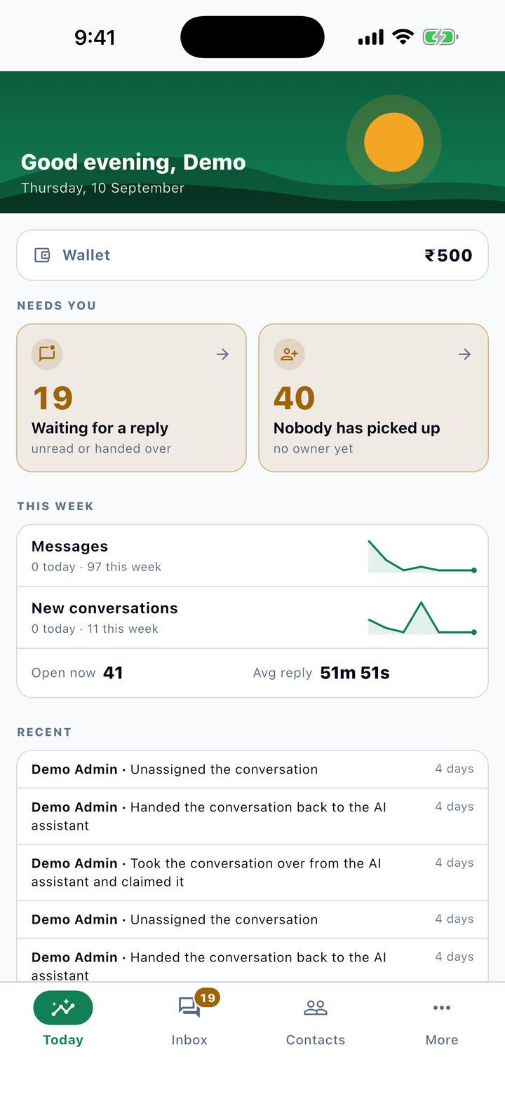 The Wanity app home screen with today's numbers